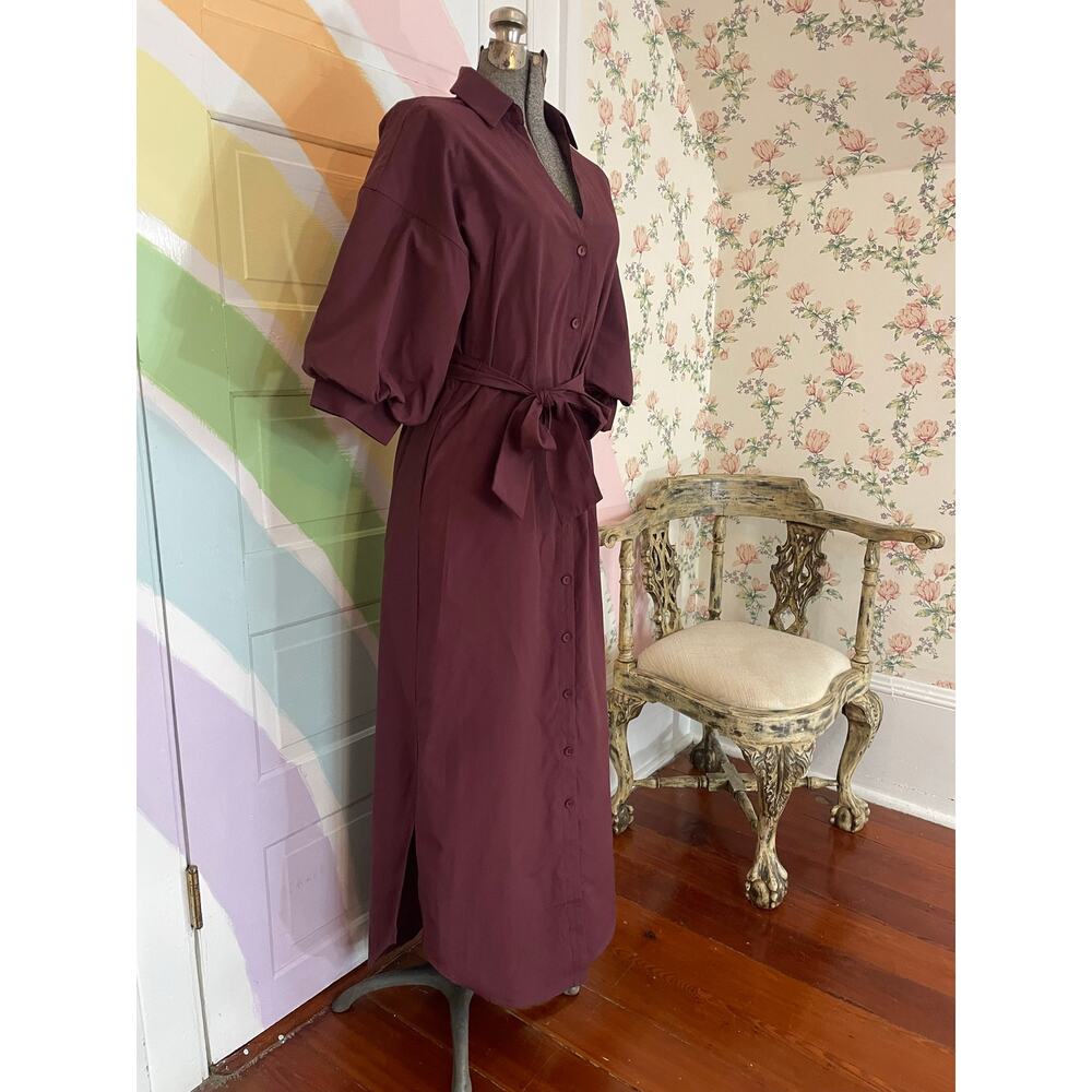 Brochu Walker XS Burgundy Maxi Shirt Dress Balloon Sleeve Belted Luxury - Picture 2 of 10